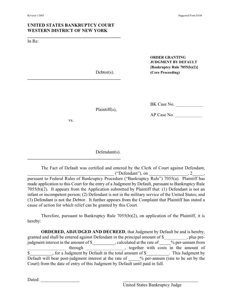 Order Granting Judgment By Default (Core Proceeding - Buffalo Only) {D104} | Pdf Fpdf Docx | New York
