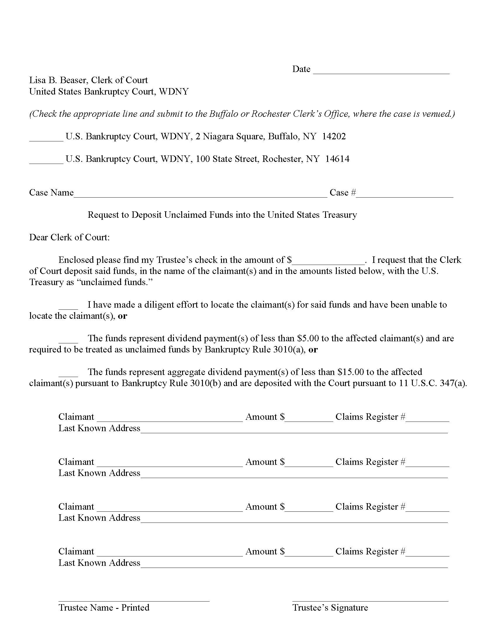 Request To Deposit Unclaimed Funds US Treasury Buffalo Or Rochester | Pdf Fpdf Docx | New York