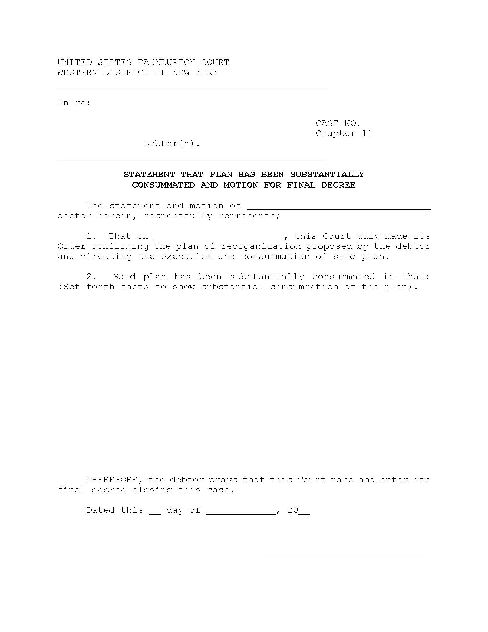 Statement That Plan Has Been Substantially Consummated And Motion For Final Decree (Chapter 11) | Pdf Fpdf Doc Docx | New York