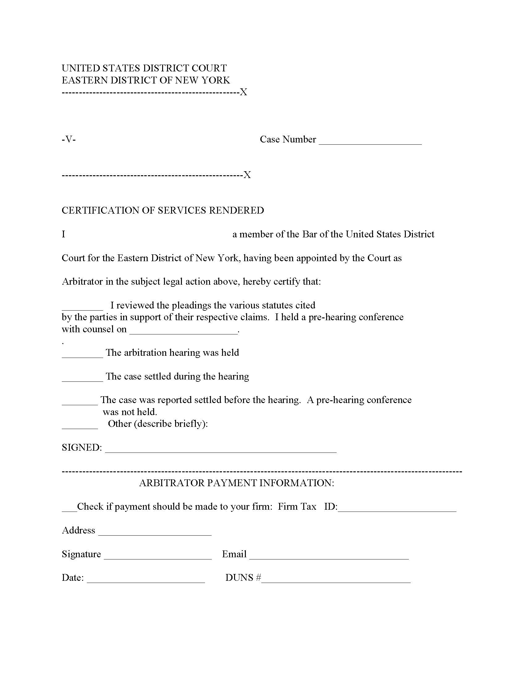 Certification Of Services Rendered (Arbitrator) {NYED CSR-A} | Pdf Fpdf Doc Docx | New York