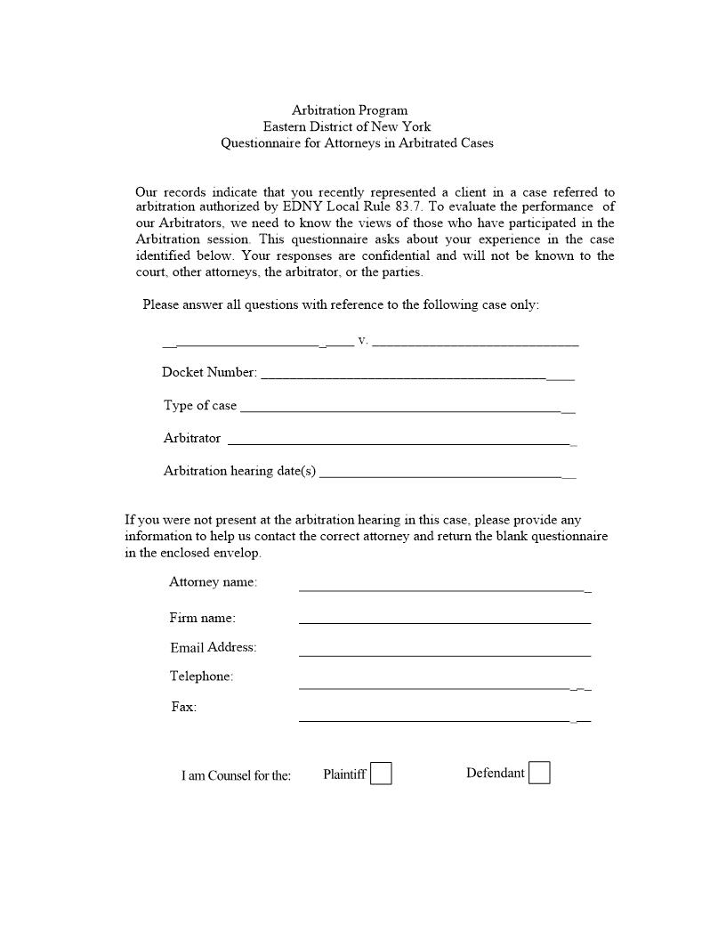 Questionnaire For Attorneys In Arbitrated Cases | Pdf Fpdf Doc Docx | New York