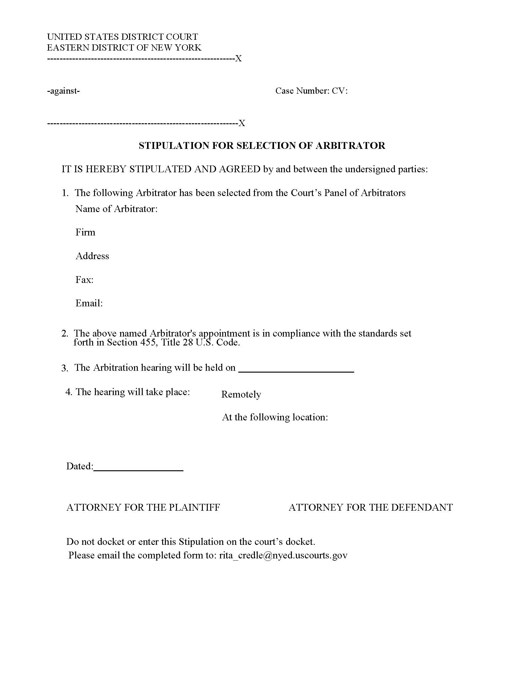 Stipulation For Selection Of Arbitrator | Pdf Fpdf Doc Docx | New York