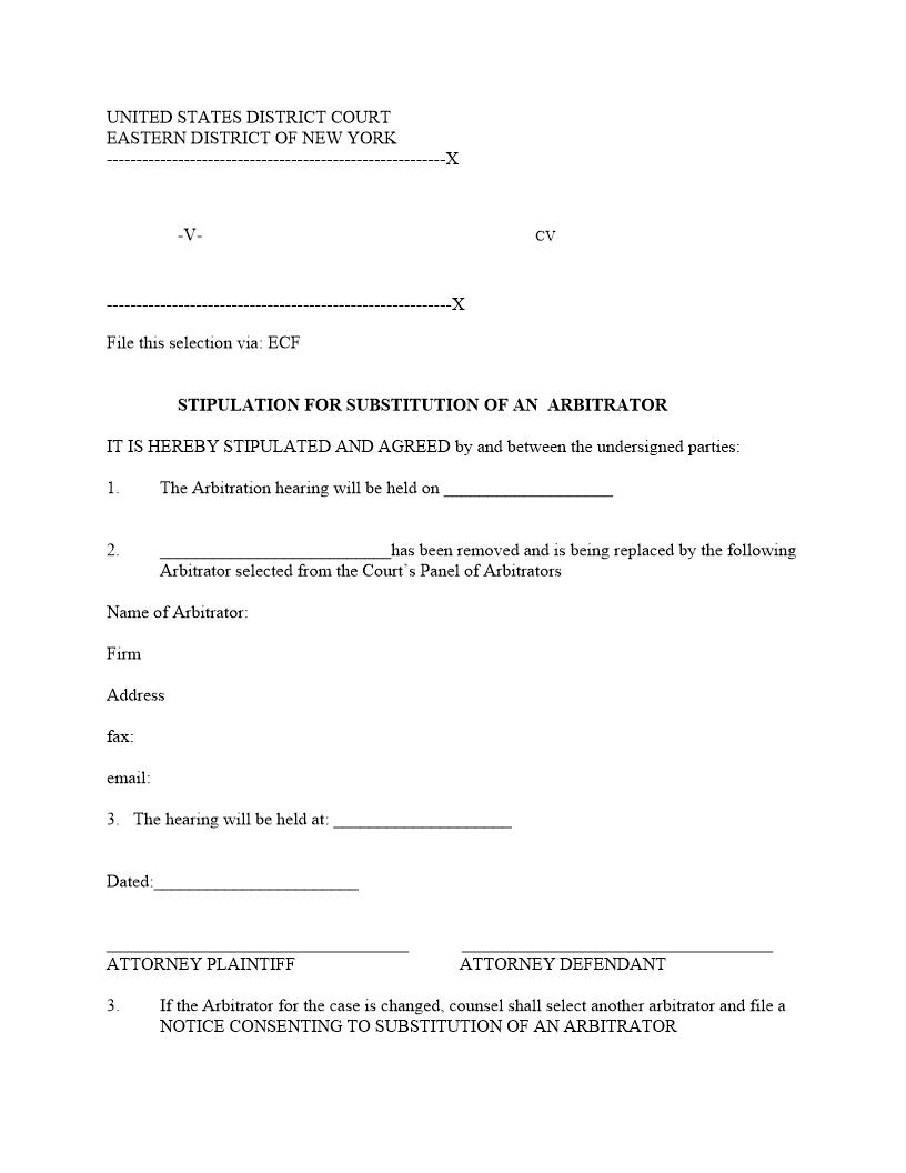Stipulation For Substitution Of Arbitrator | Pdf Fpdf Doc Docx | New York