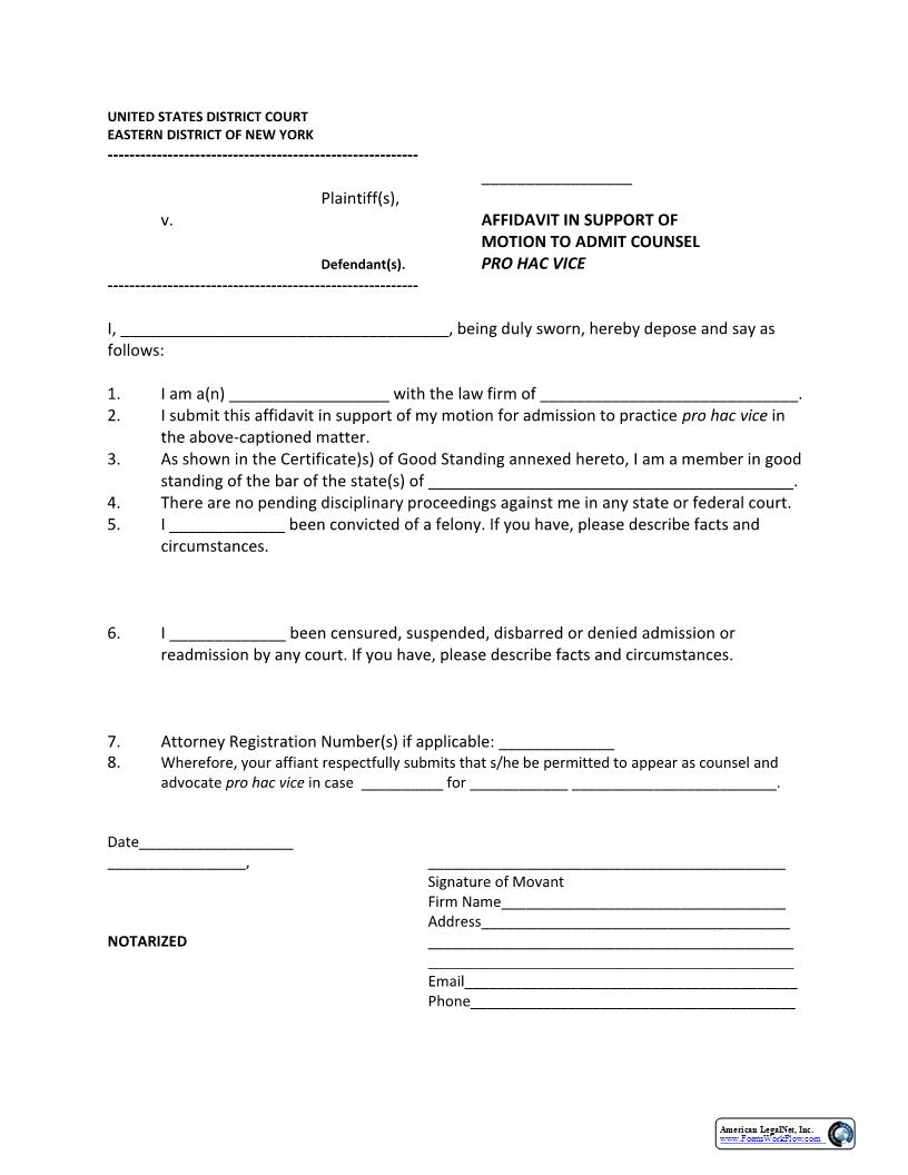 Affidavit In Support Of Motion To Admit Counsel Pro Hac Vice {NYED AFF-PHV} | Pdf Fpdf Docx | New York