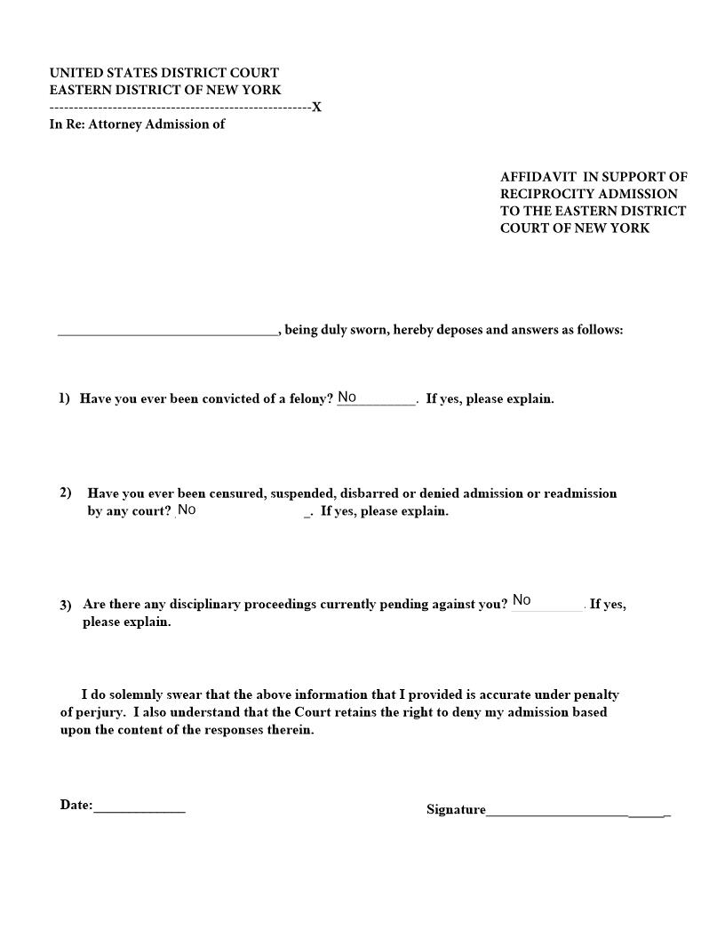 Affidavit In Support Of Reciprocity Admission (To EDNY) | Pdf Fpdf Docx | New York