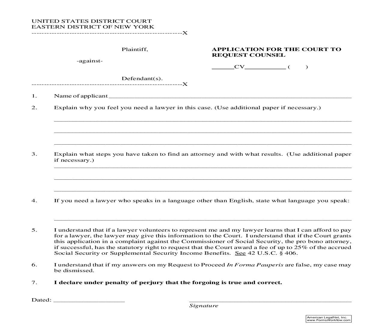 Application For Court To Request Counsel (And IFP Request) | Pdf Fpdf Doc Docx | New York