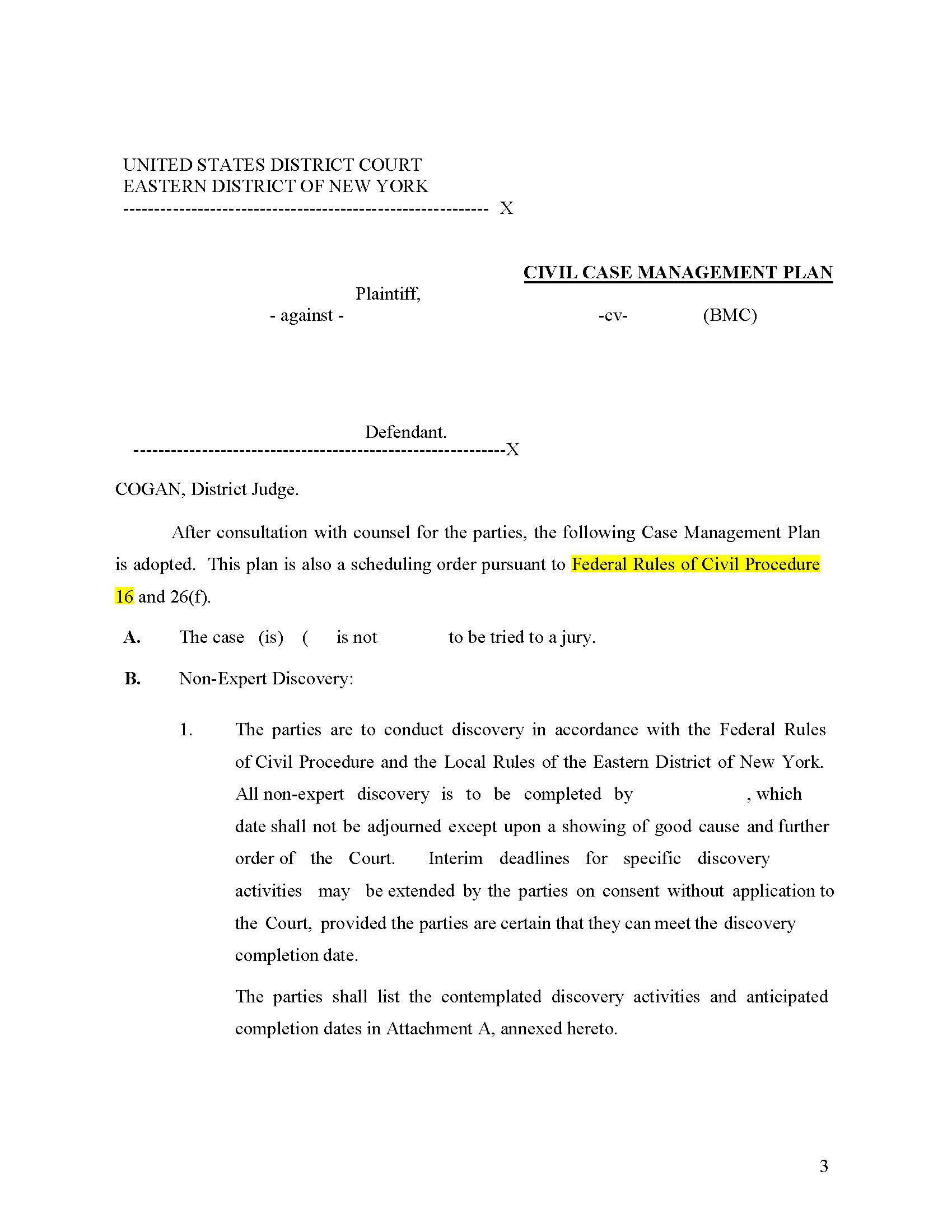 Civil Case Management Plan (Judge Cogan) | Pdf Fpdf Docx | New York