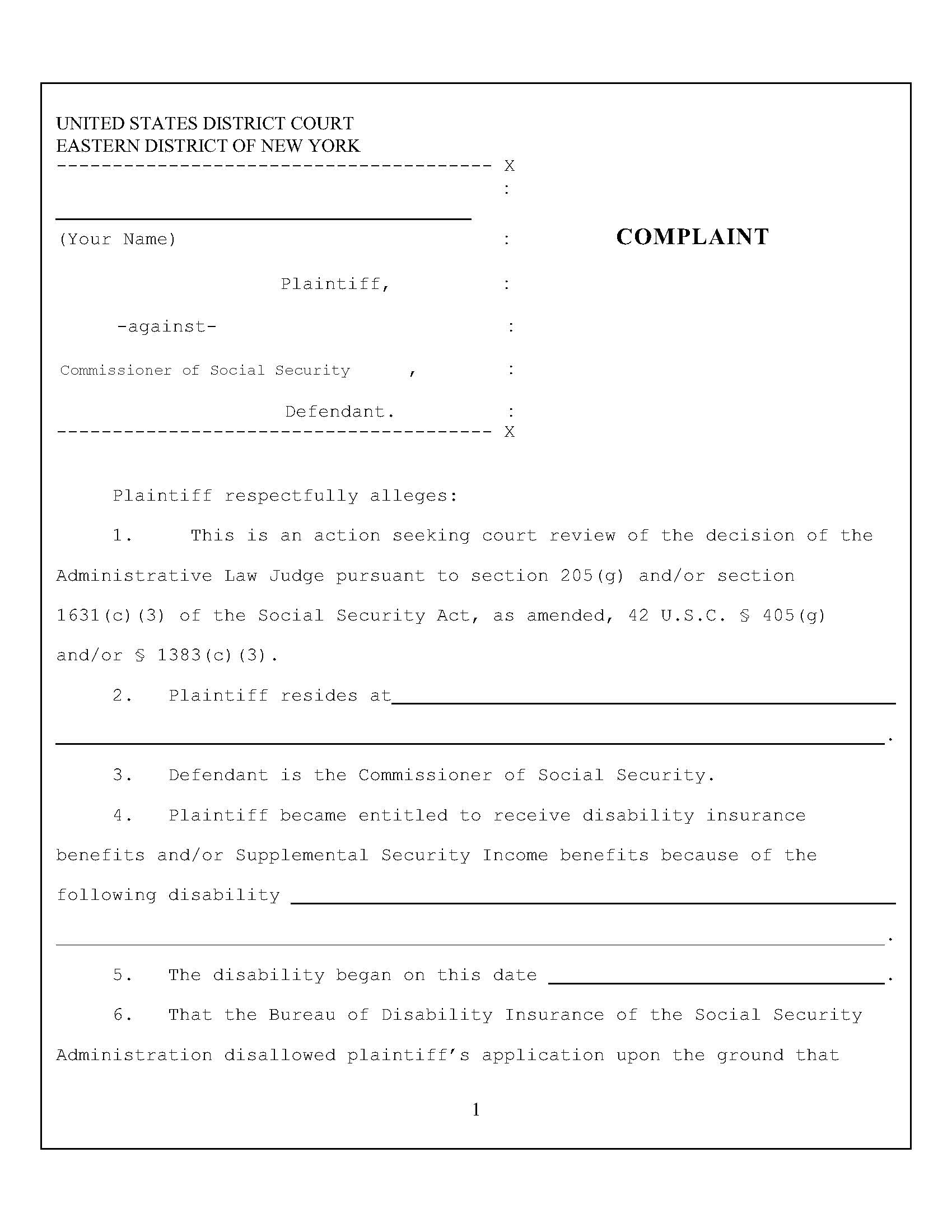 Civil Complaint Social Security | Pdf Fpdf Doc Docx | New York