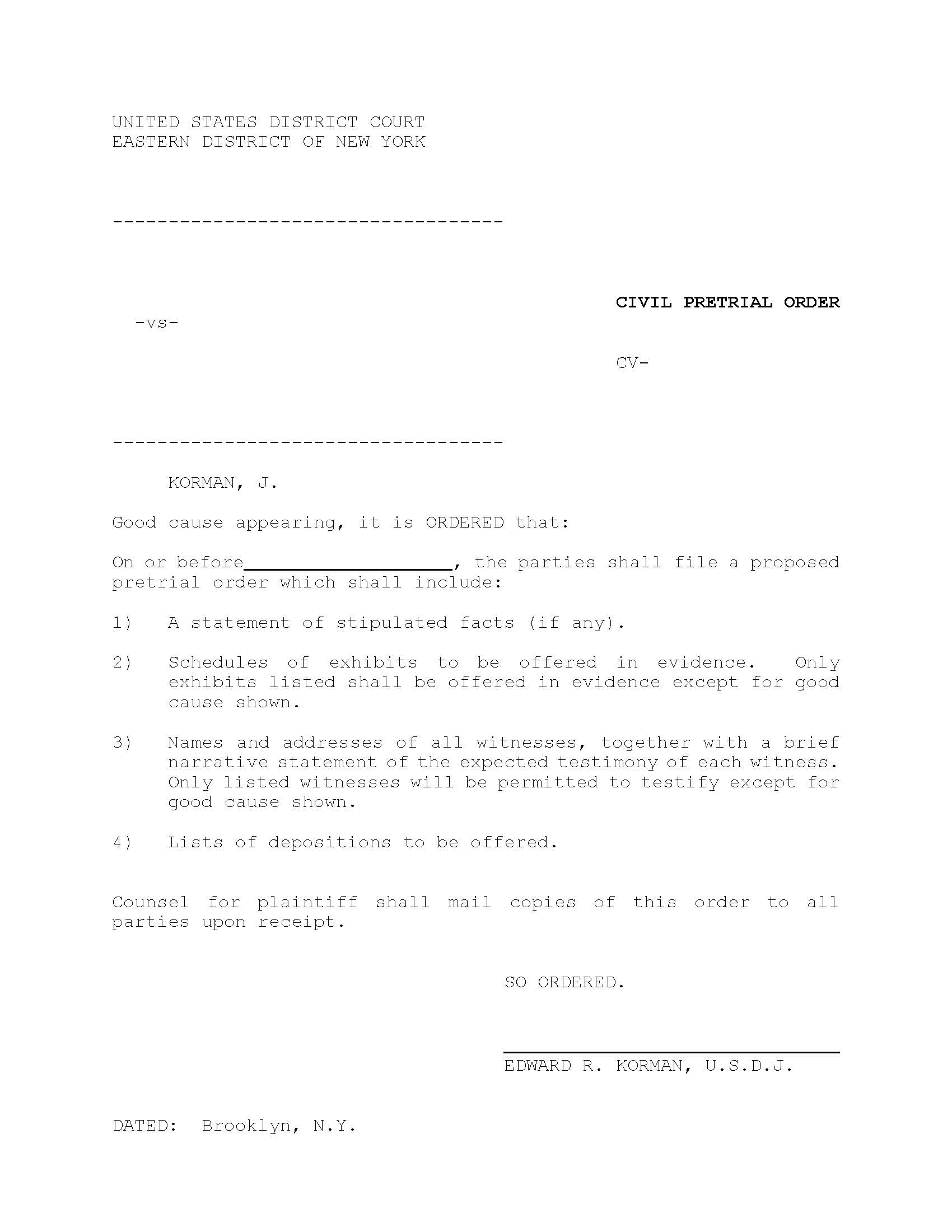 Civil Pretrial Order (Judge Korman) {NYED CPOERK} | Pdf Fpdf Doc Docx | New York