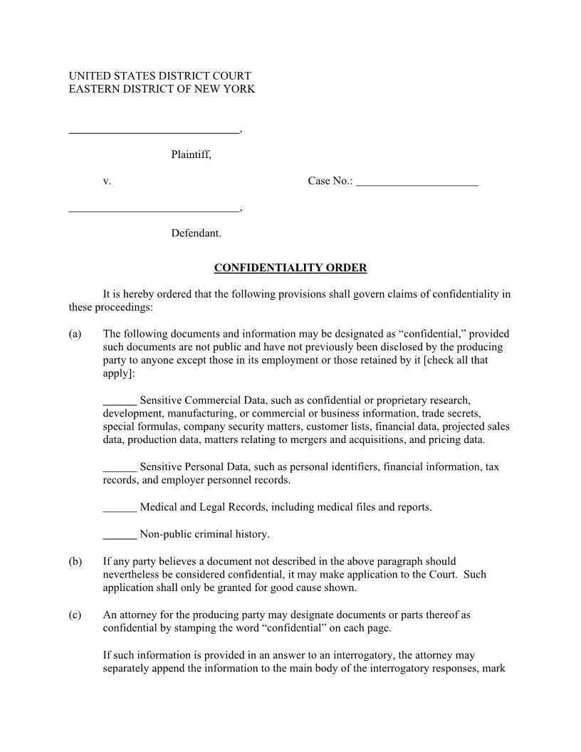 Confidentiality Order (Mag. Judge Cho) {NYED COJRC} | Pdf Fpdf Docx | New York