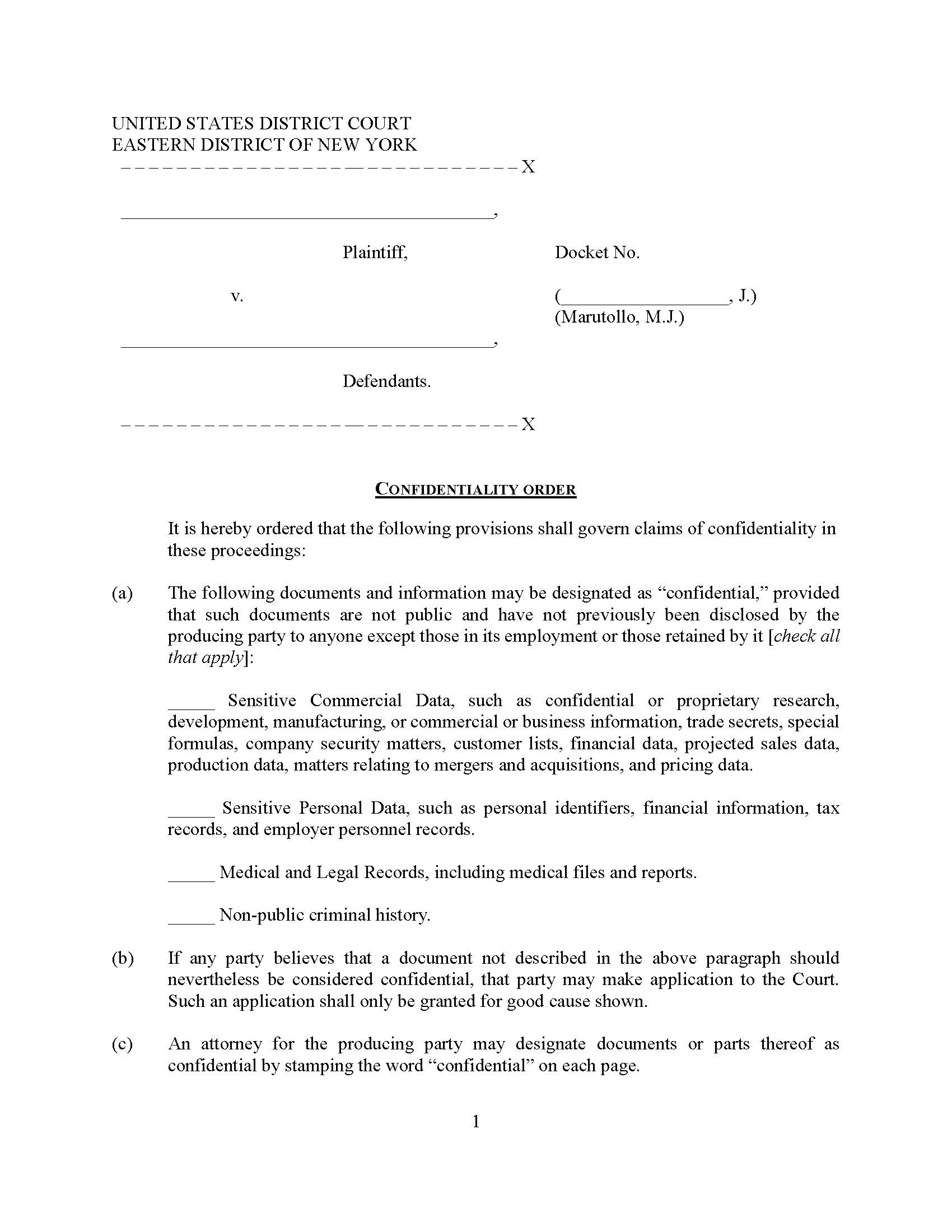 Confidentiality Order (Mag. Judge Marutollo) | Pdf Fpdf Docx | New York