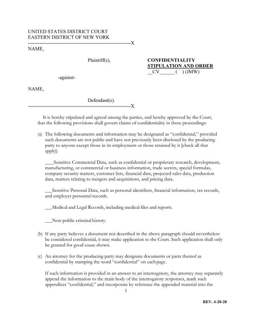 Confidentiality Stipulation And Order (Mag. Judge Wicks) {NYED CSOJMW} | Pdf Fpdf Docx | New York