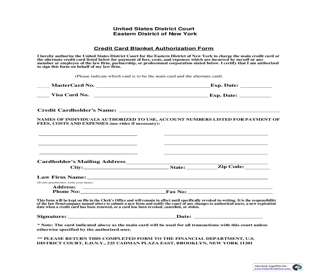 Credit Card Blanket Authorization (NYED) | Pdf Fpdf Doc Docx | New York