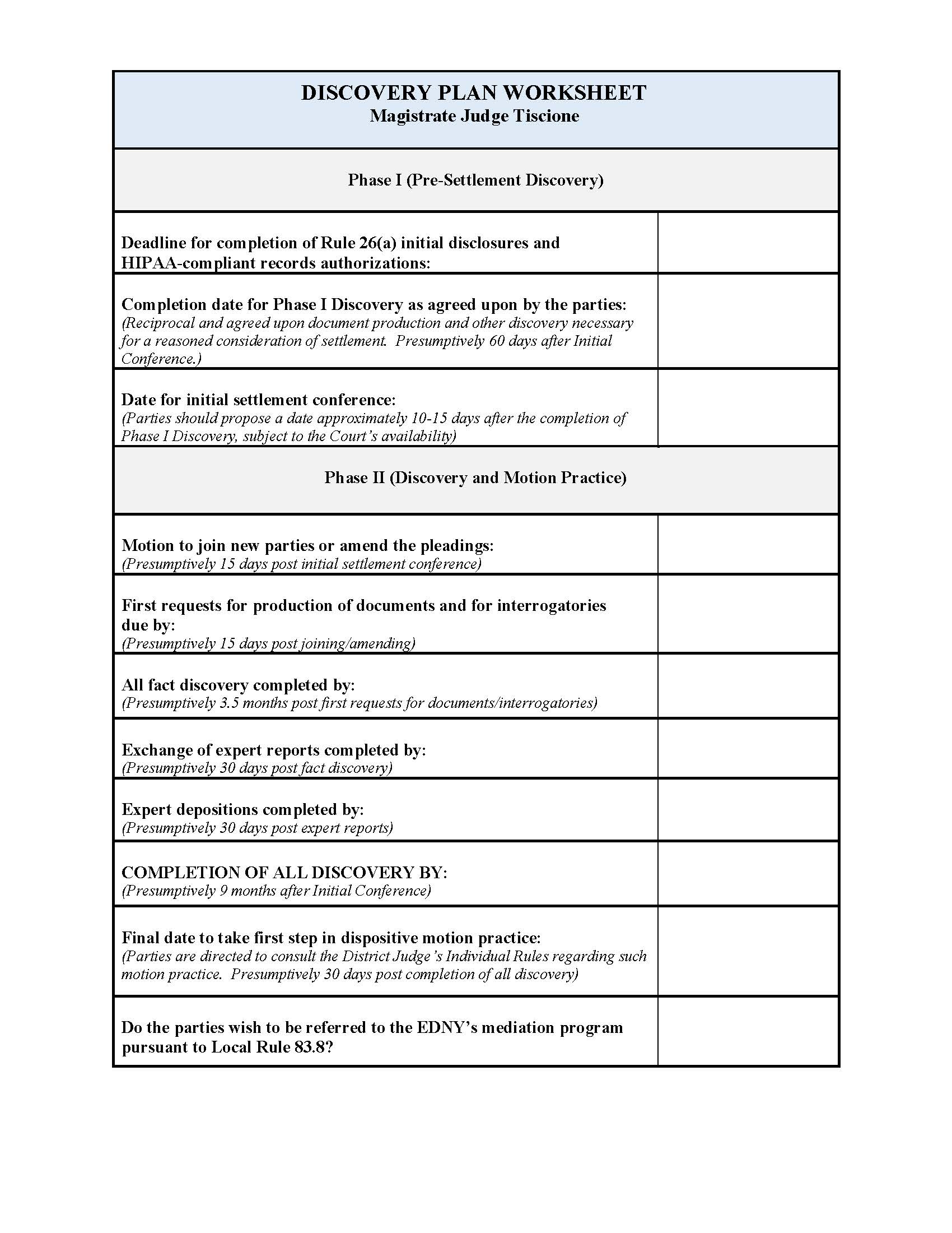 Discovery Plan Worksheet (Mag. Judge Tiscione) {NYED DPWSLT} | Pdf Fpdf Docx | New York
