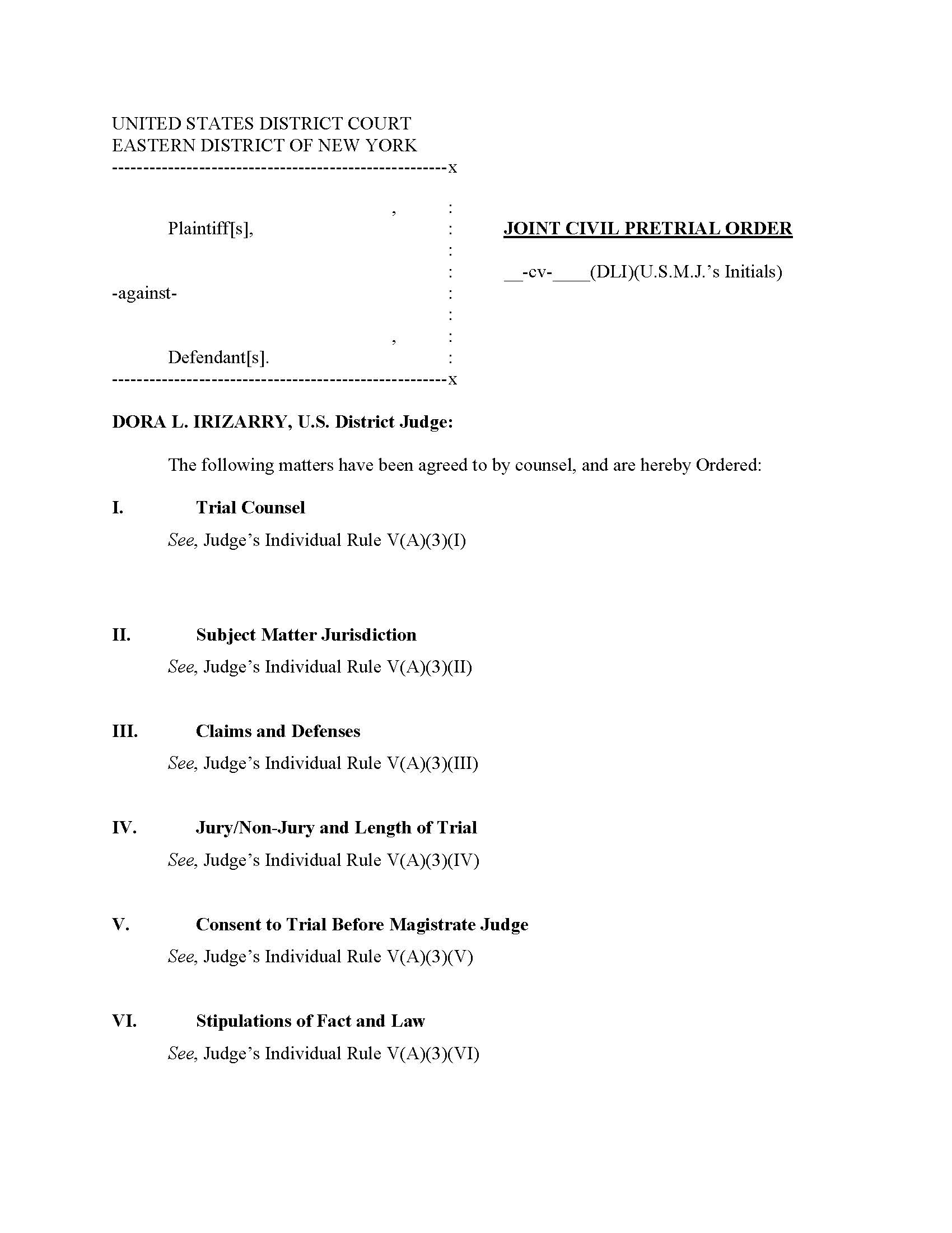 Joint Civil Pretrial Order (Judge Irizarry) | Pdf Fpdf Doc Docx | New York