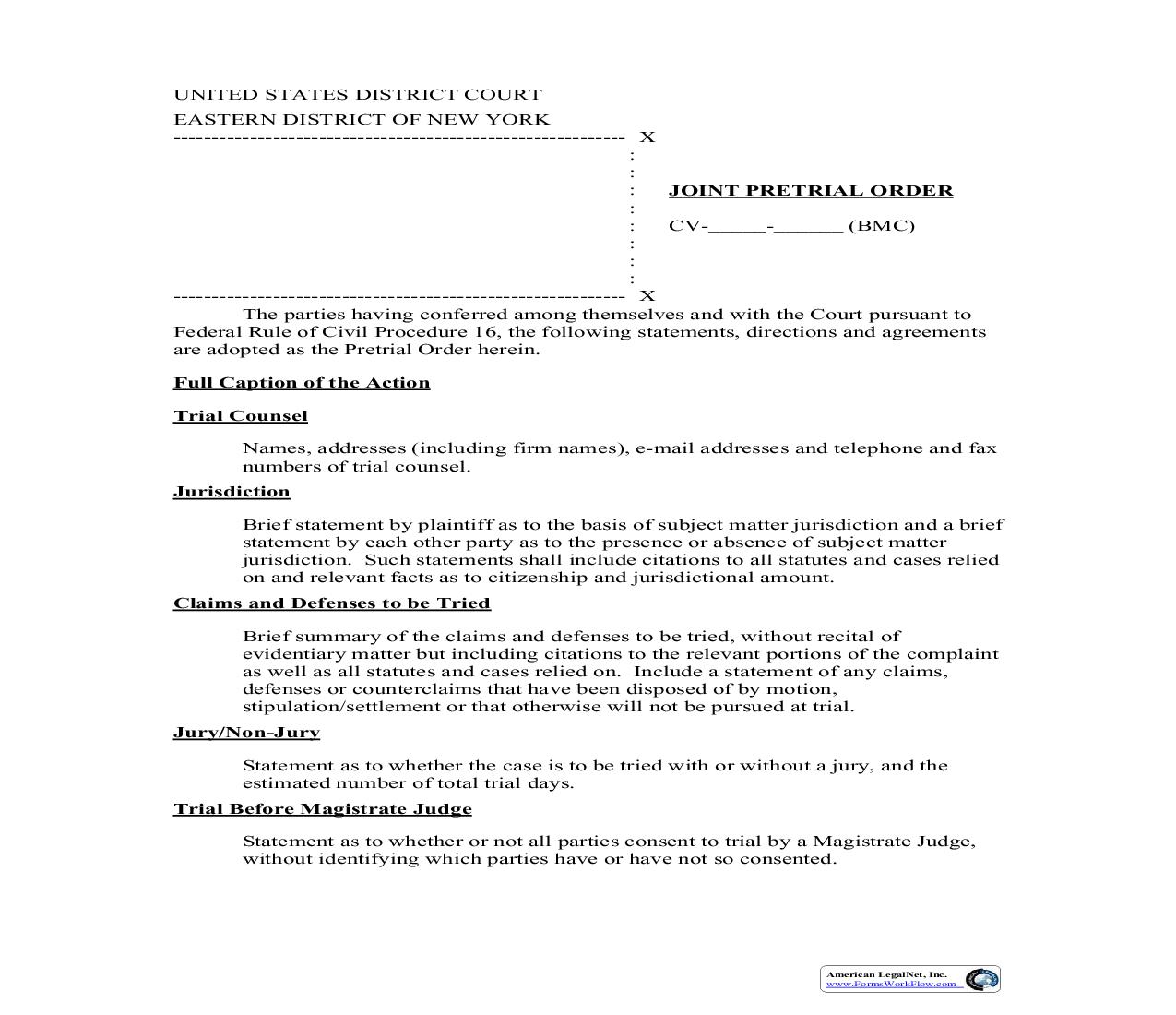 Joint Pretrial Order (Judge Cogan) | Pdf Fpdf Doc Docx | New York