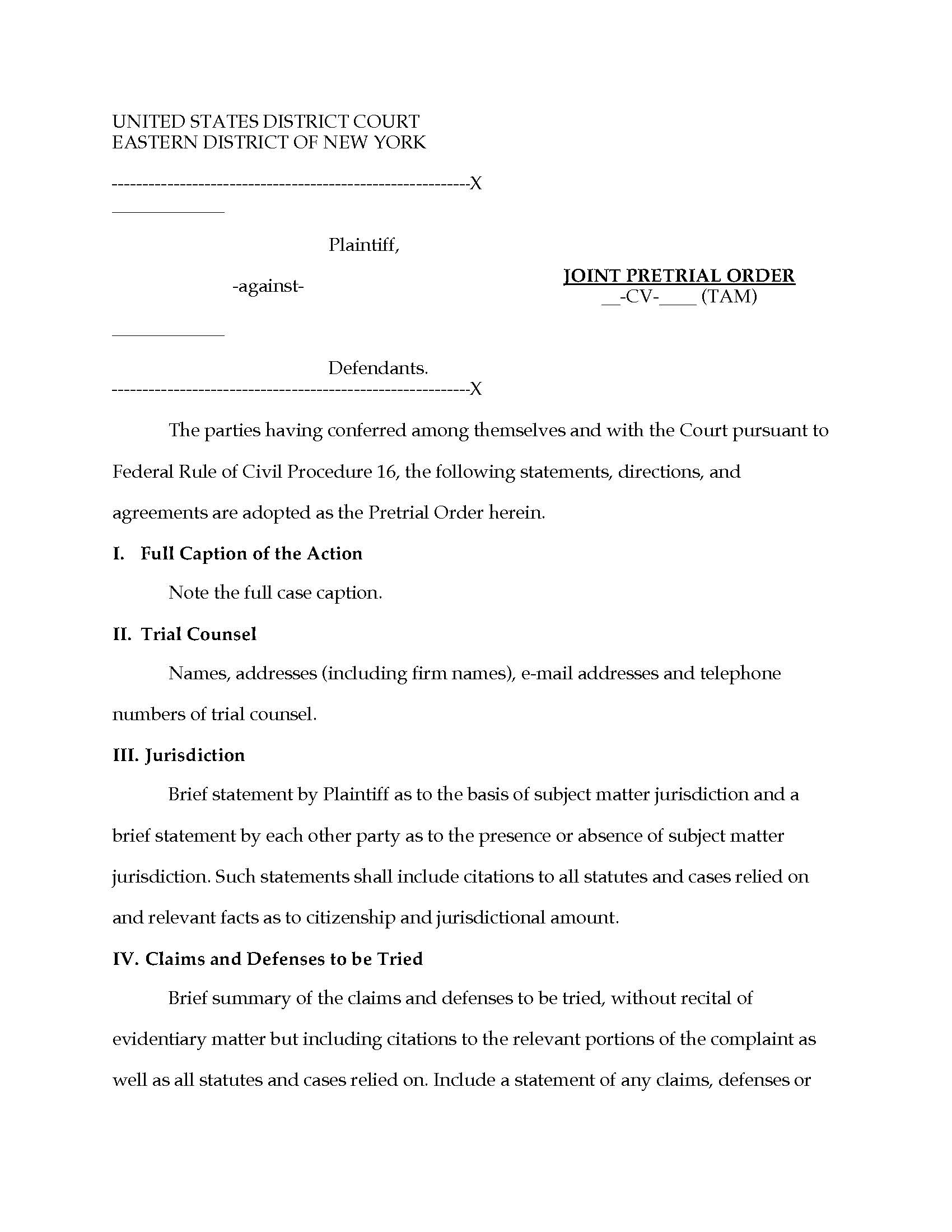 Joint Pretrial Order (Mag. Judge Merkl) | Pdf Fpdf Docx | New York