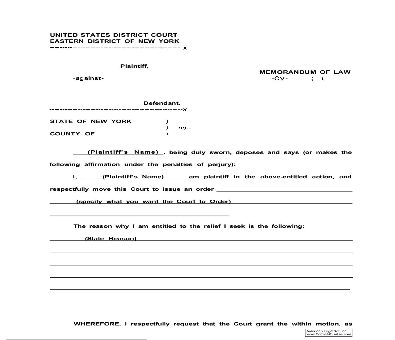 Memorandum Of Law - General (Sample And Form) | Pdf Fpdf Doc Docx | New York