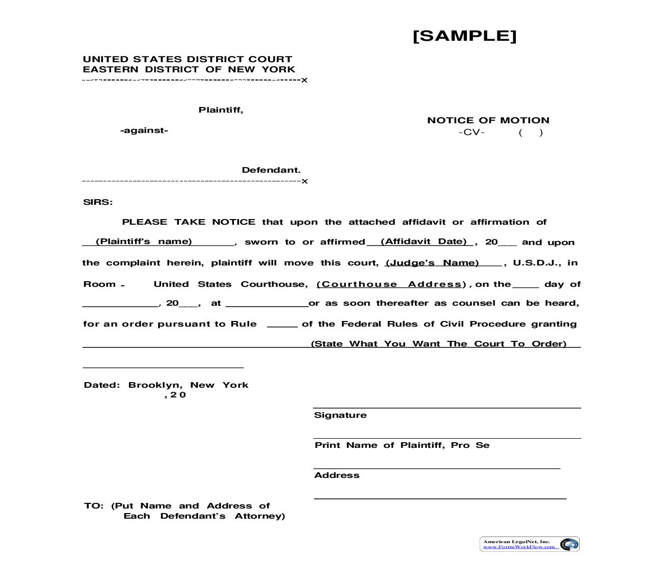 Notice Of Motion (Sample And Form) | Pdf Fpdf Doc Docx | New York