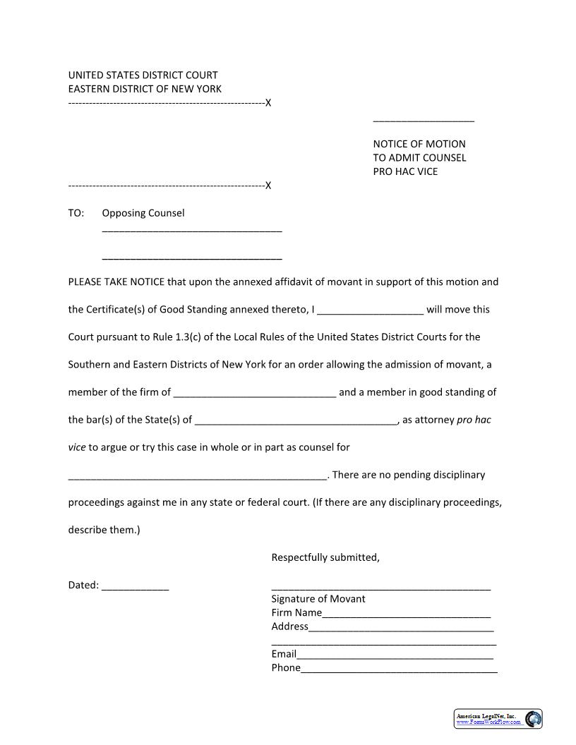 Notice Of Motion To Admit Counsel Pro Hac Vice | Pdf Fpdf Docx | New York