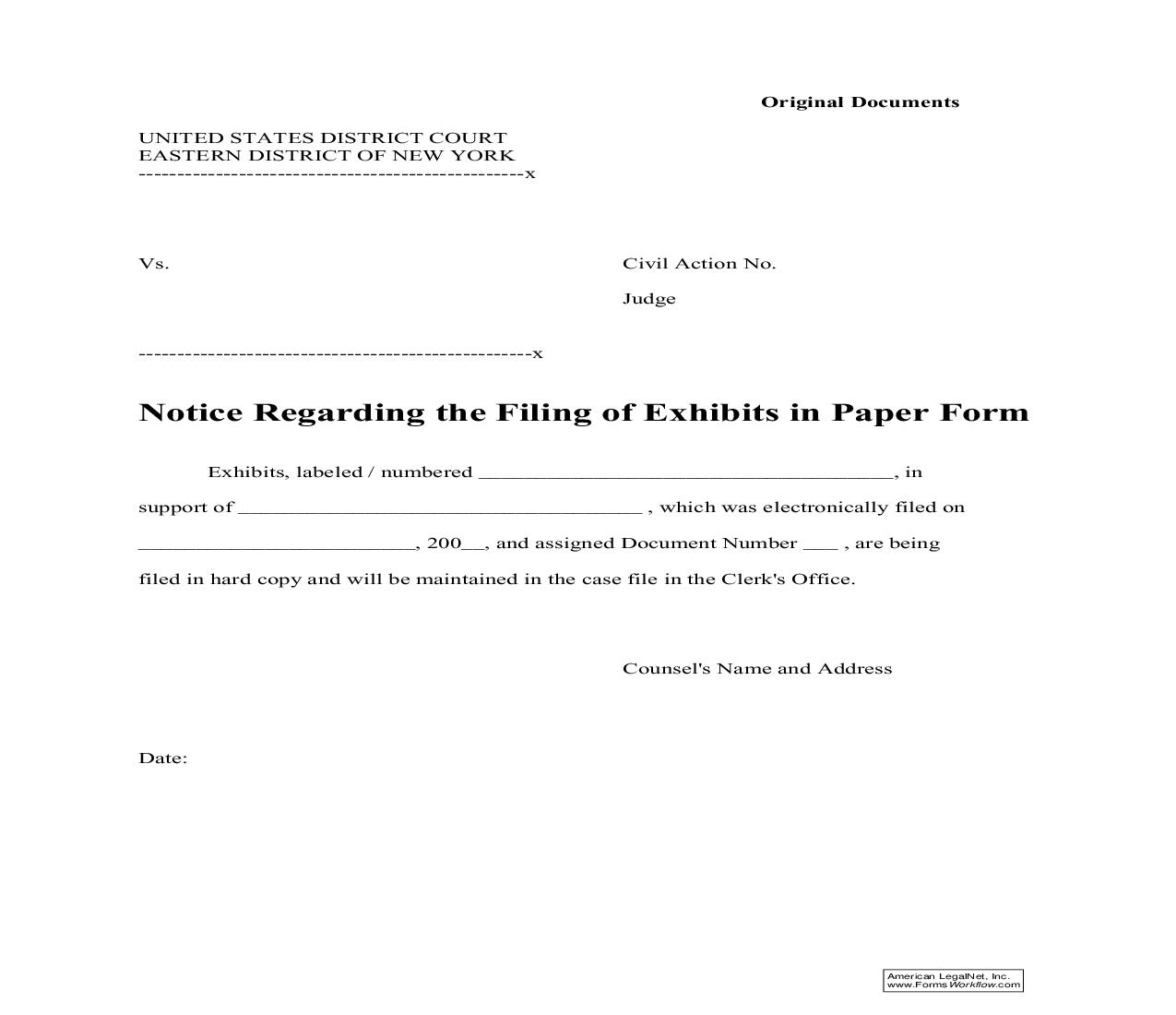 Notice Regarding Filing Of Exhibits In Paper Form | Pdf Fpdf Doc Docx | New York
