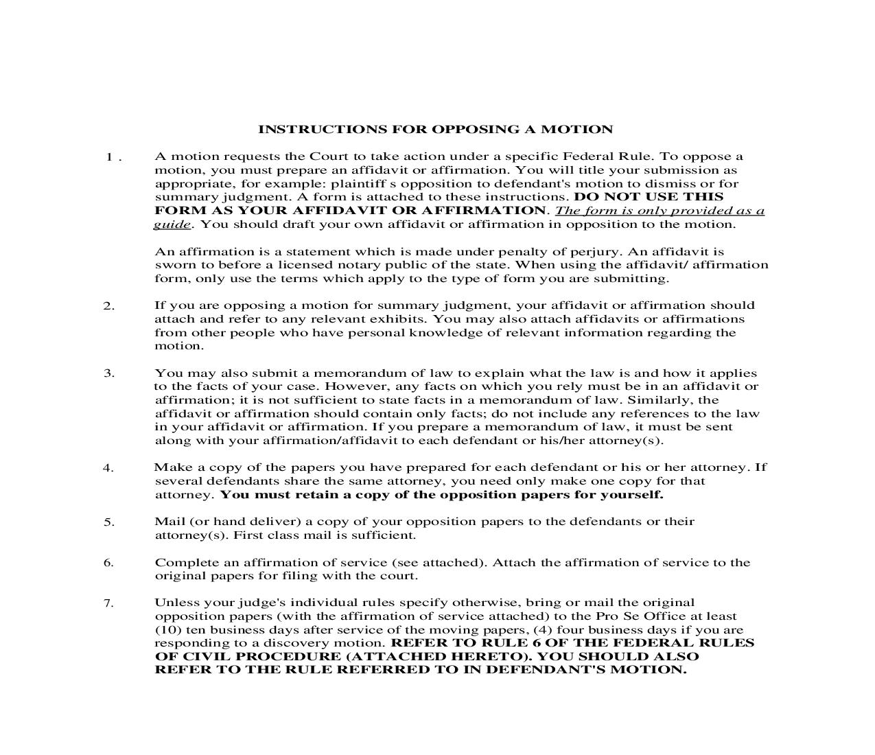 Plaintiffs Affidavit And Affirmation In Opposition To Defendants Motion (Instructions Sample And Form) | Pdf Fpdf Doc Docx | New York
