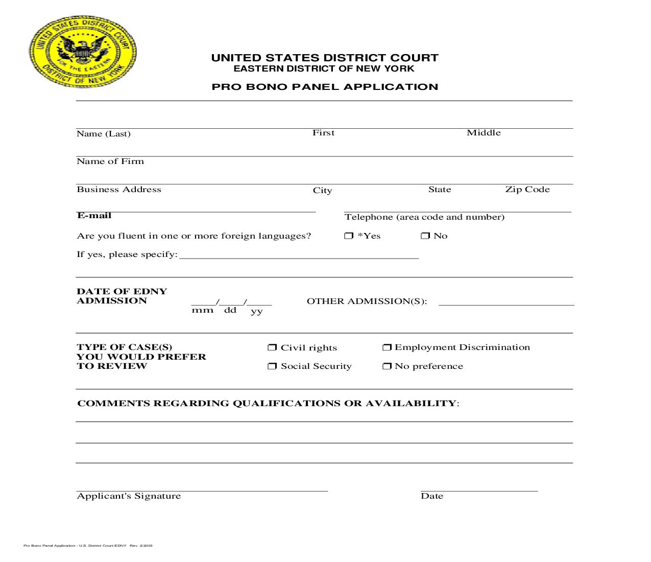Pro Bono Panel Application | Pdf Fpdf Doc Docx | New York