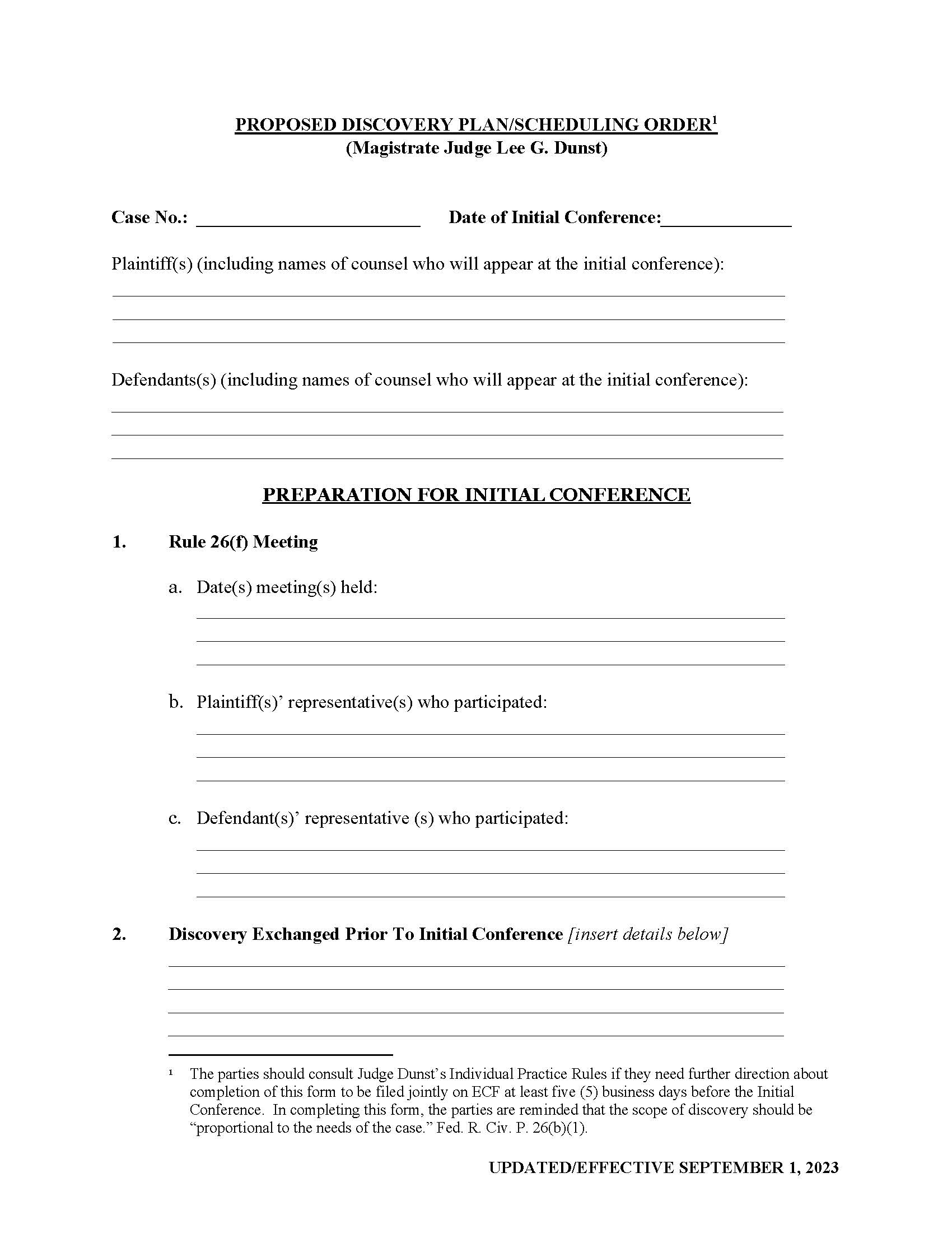 Proposed Discovery Plan Scheduling Order (Maj. Judge Dunst) {NYED PDPSOLGD} | Pdf Fpdf Docx | New York