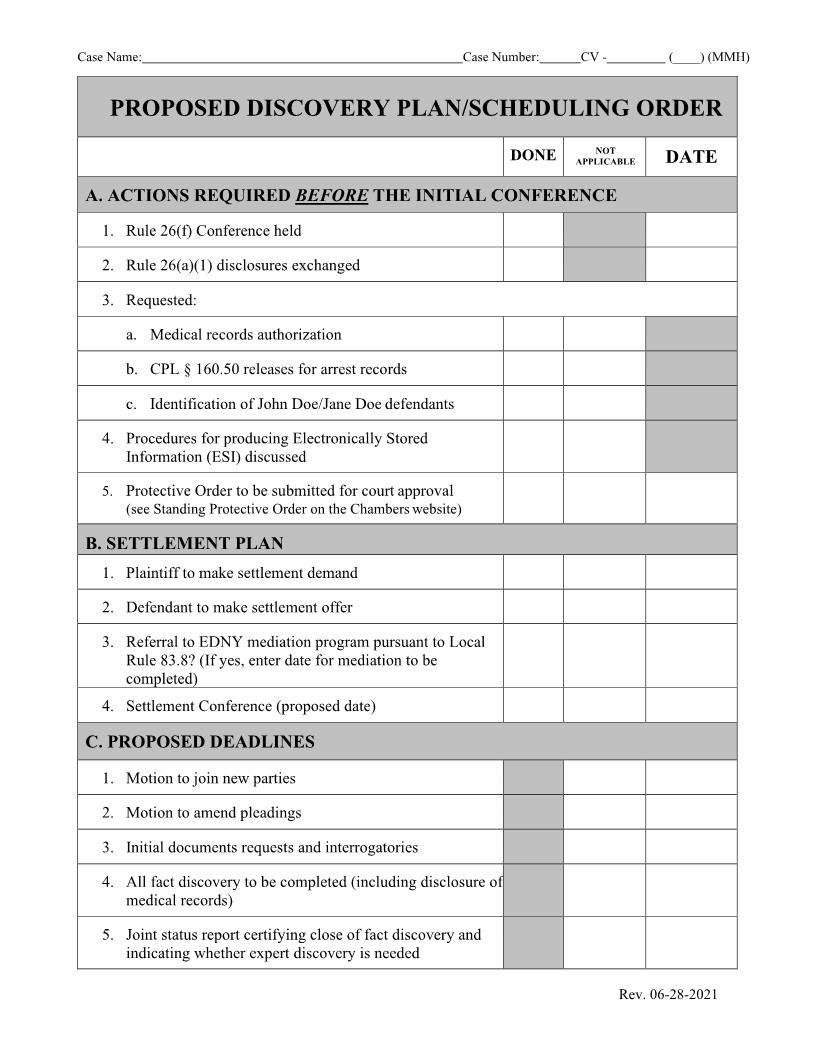 Proposed Discovery Plan Scheduling Order (Maj. Judge Henry) {NYED PDPSOMMH} | Pdf Fpdf Docx | New York