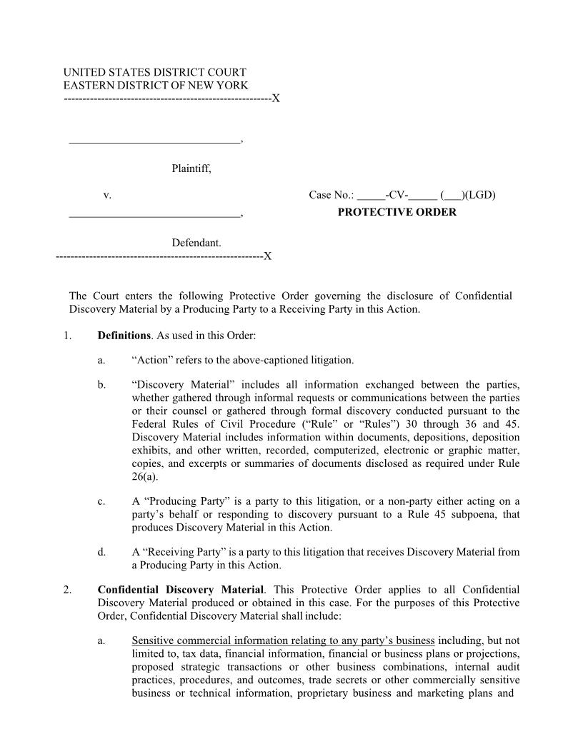 Protective Order With Exhibit A (Maj. Judge Dunst) {NYED POLGD} | Pdf Fpdf Docx | New York