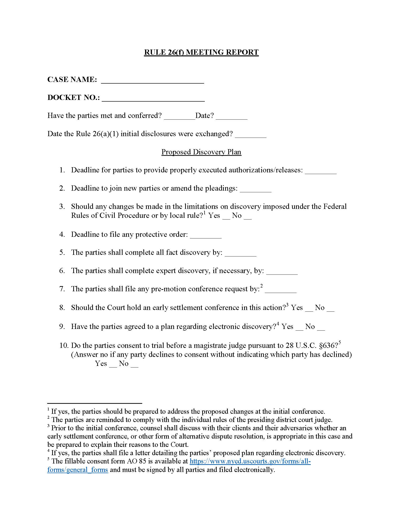 Rule 26(f) Meeting Report Case Managment Plan - Judge Bloom) {NYED R26fMR} | Pdf Fpdf Docx | New York