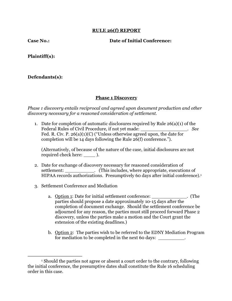 Rule 26(f) Report (Mag. Judge Bulsara) {NYED R26fRSJB} | Pdf Fpdf Docx | New York