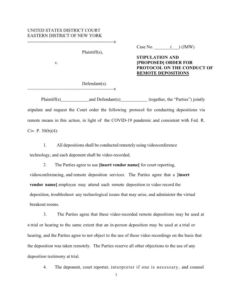 Stipulation And Order Protocol Of Remote Depositions (Mag. Judge Wicks) {NYED SOPRDJMW} | Pdf Fpdf Docx | New York