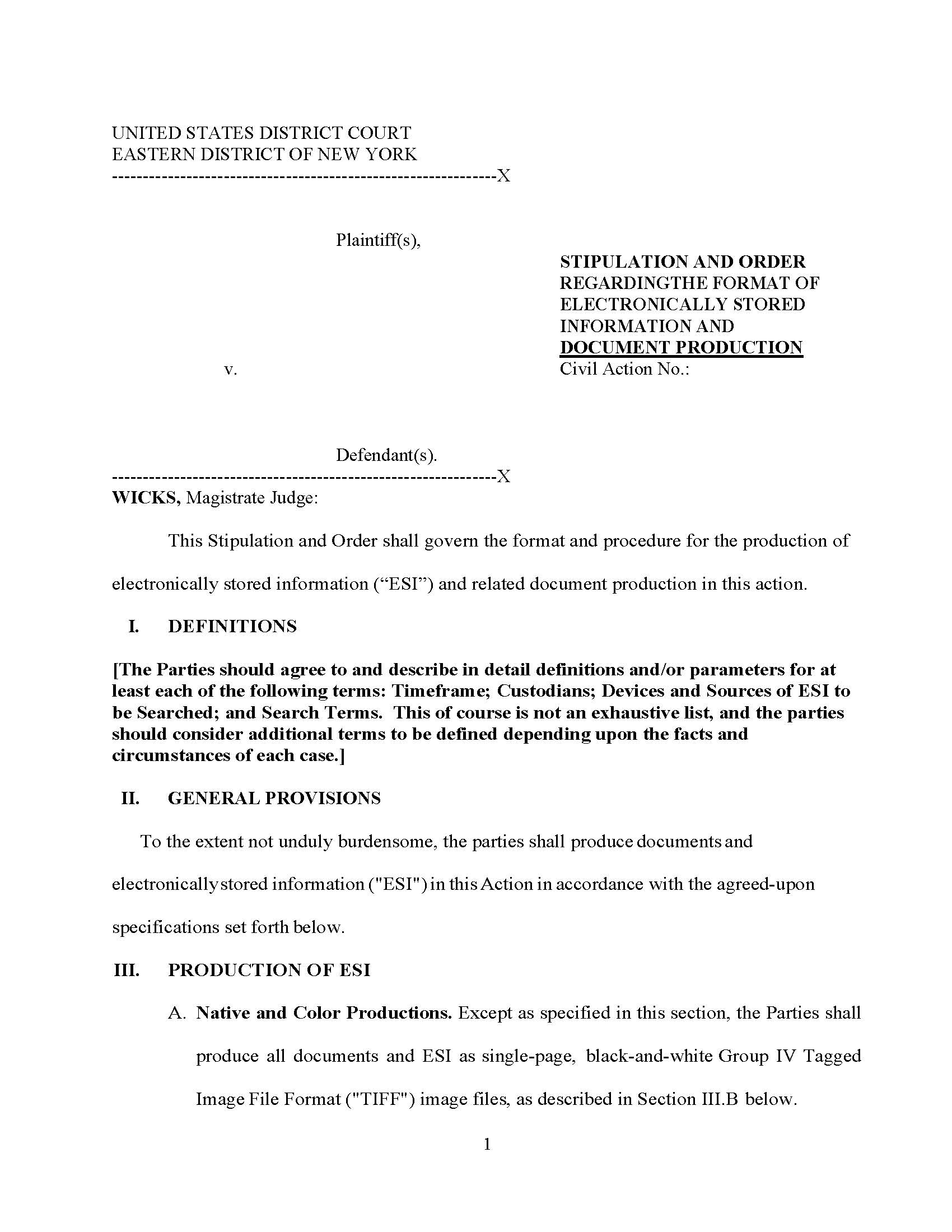 Stipulation And Order Re Format Of ESI (Mag. Judge Wicks) {NYED SOESIJMW} | Pdf Fpdf Docx | New York