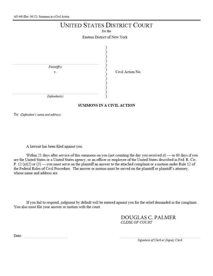 Summons In A Civil Action (NYED) {AO440} | Pdf Fpdf Docx | New York