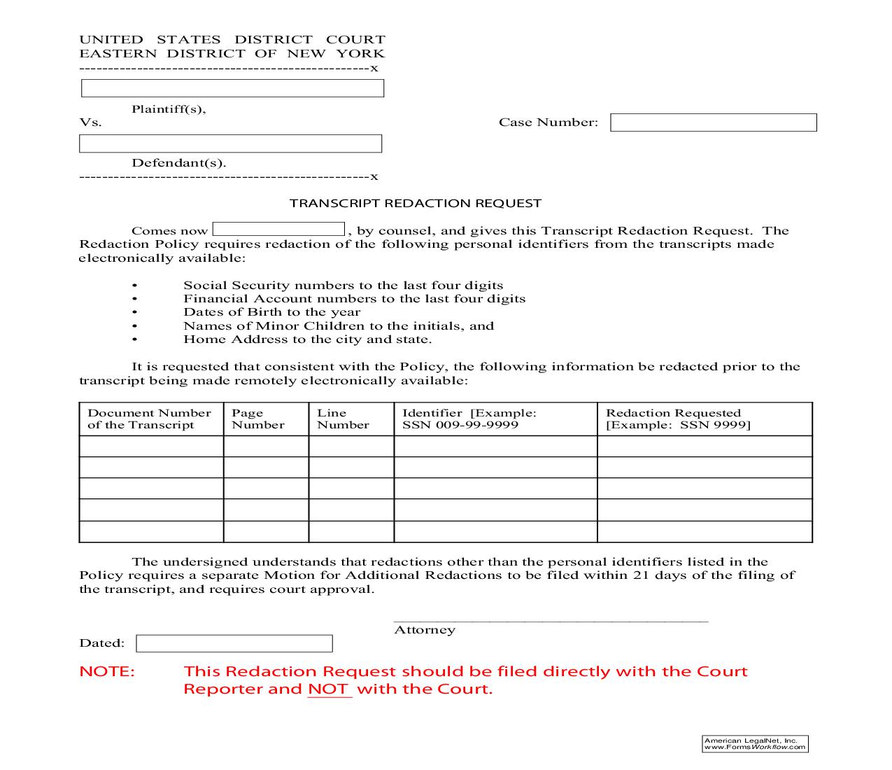 Transcript Redaction Request | Pdf Fpdf Doc Docx | New York