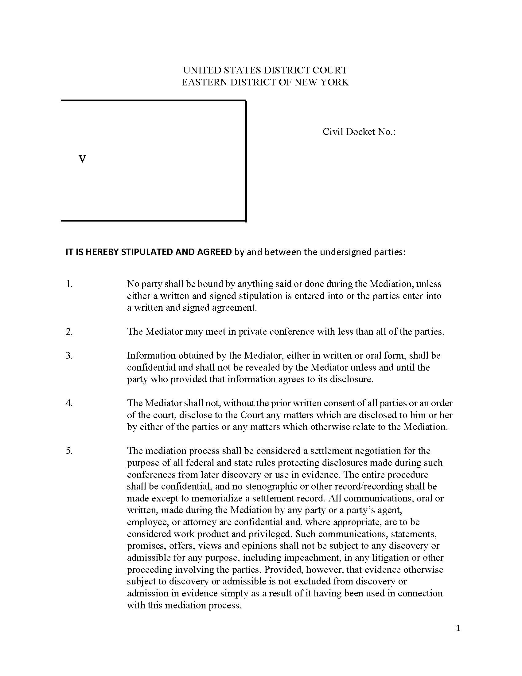 Confidentiality Stipulation And Remote Mediation Agreement {NYED CSRMA} | Pdf Fpdf Docx | New York