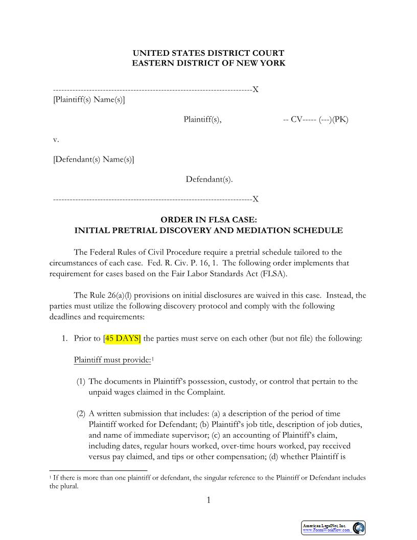 Order FLSA Case Initial Pretrial Discovery Mediation Schedule (Judge Kuo) | Pdf Fpdf Docx | New York