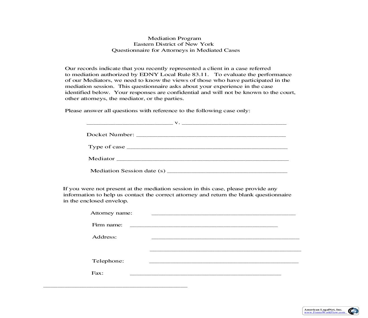 Questionnaire For Attorneys In Mediated Cases | Pdf Fpdf Doc Docx | New York