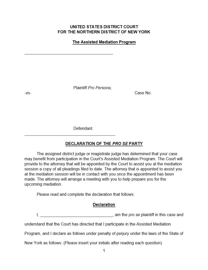 Assisted Mediation Pro Se Declaration | Pdf Fpdf Docx | New York