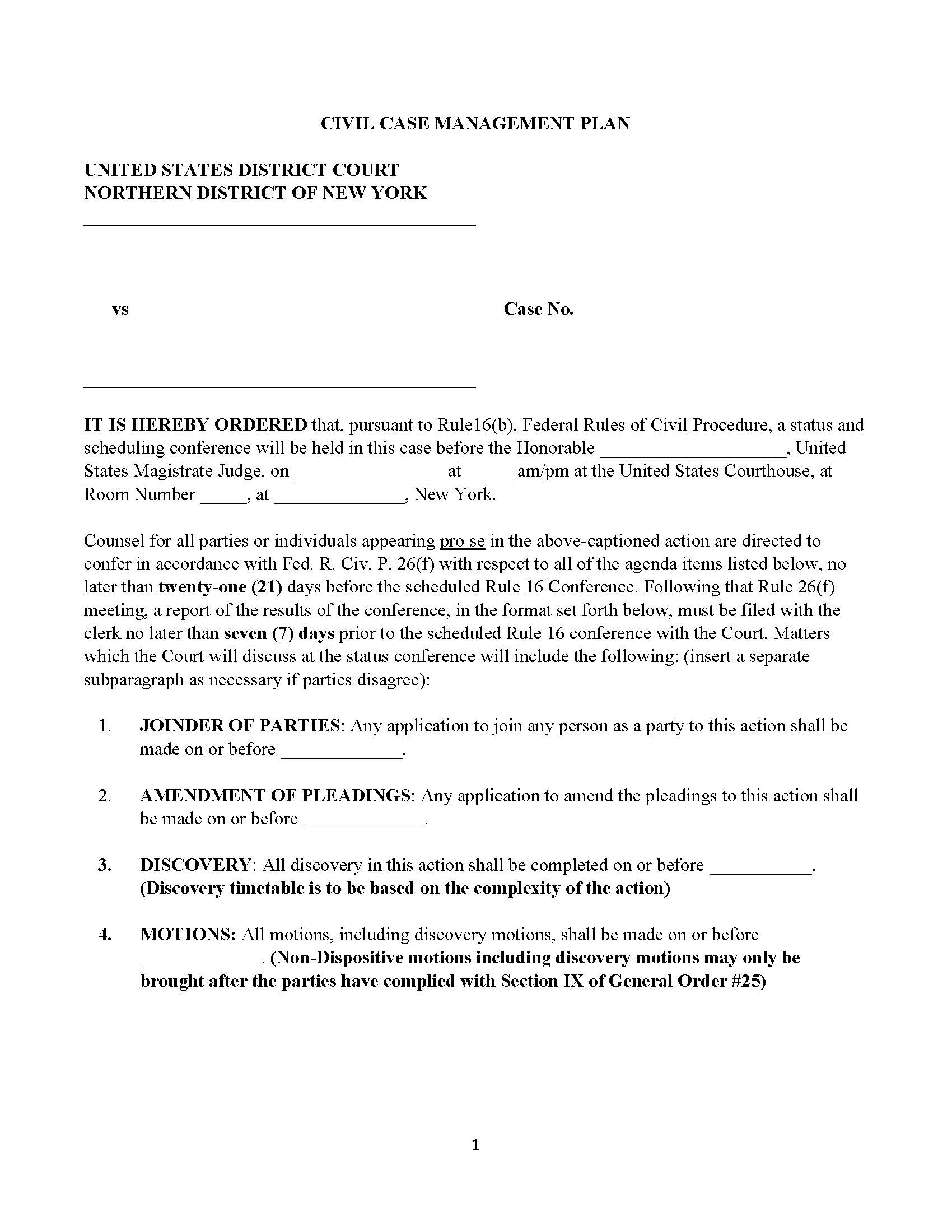 Civil Case Management Plan {NDNY CCMP} | Pdf Fpdf Doc Docx | New York