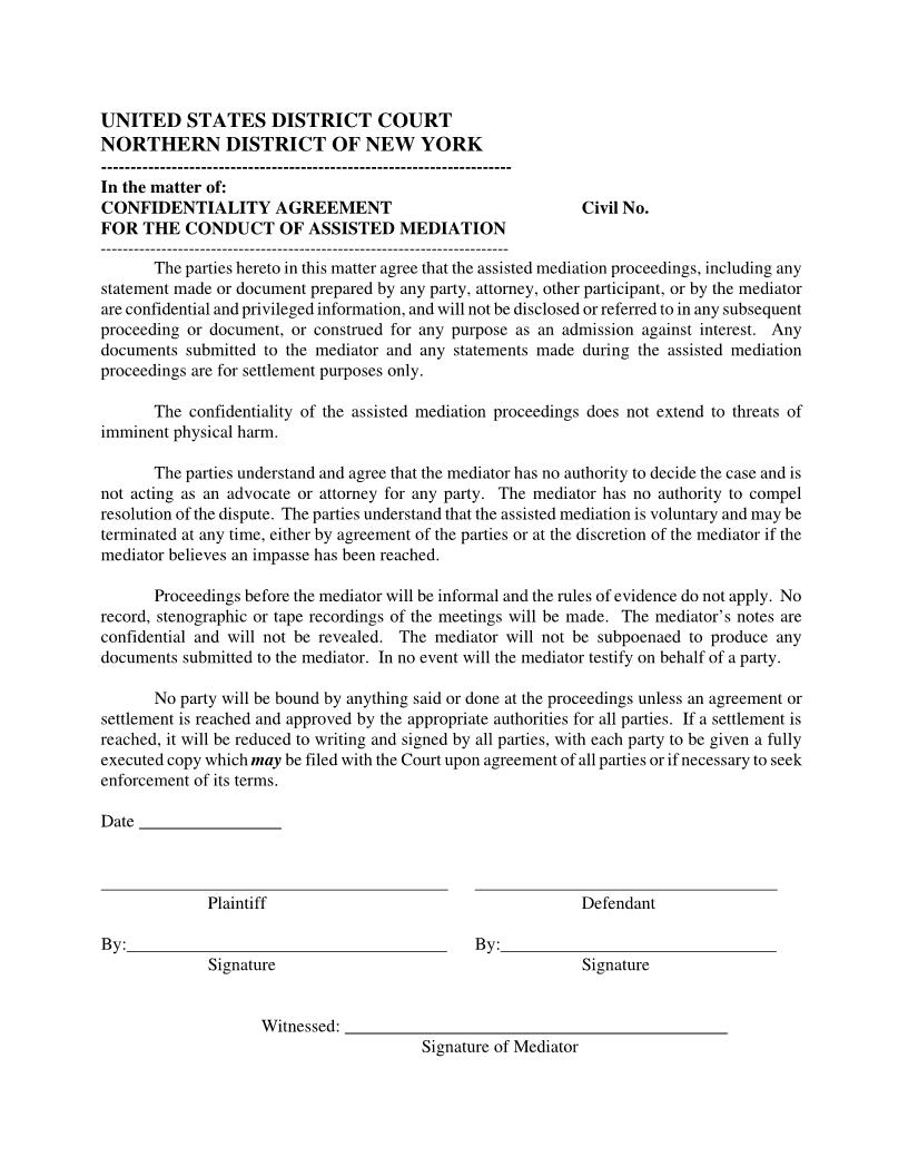 Confidentiality Agreement For Conduct Of Assisted Mediation | Pdf Fpdf Doc Docx | New York