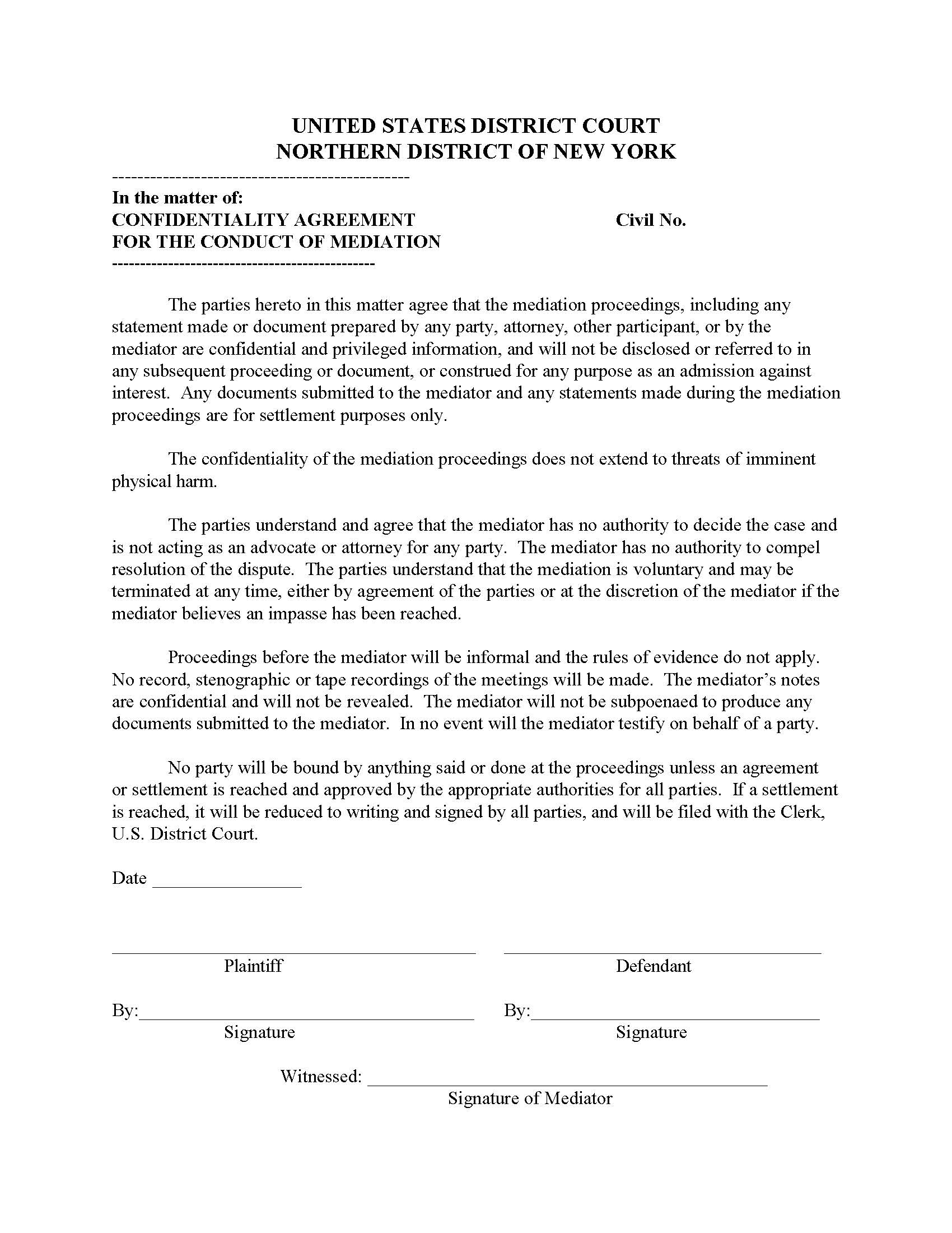 Confidentiality Agreement For Conduct Of Mediation | Pdf Fpdf Docx | New York