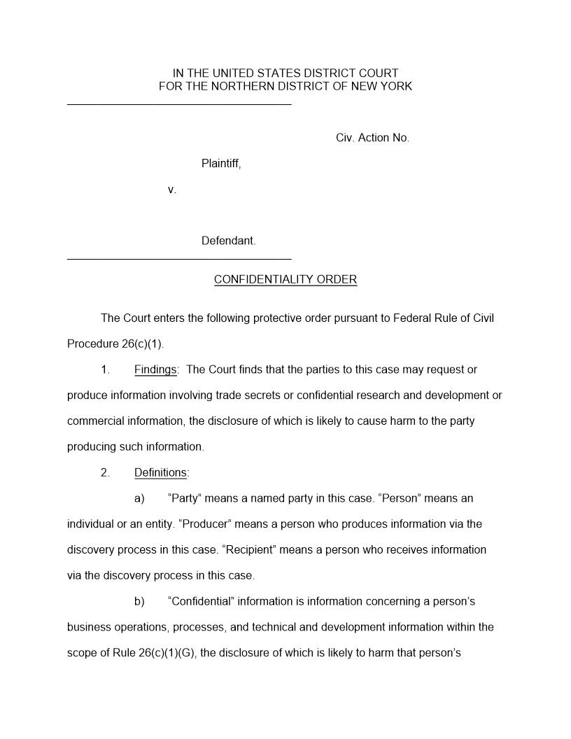 Confidentialty (Patent Protective) Order {NDNY PPO} | Pdf Fpdf Docx | New York