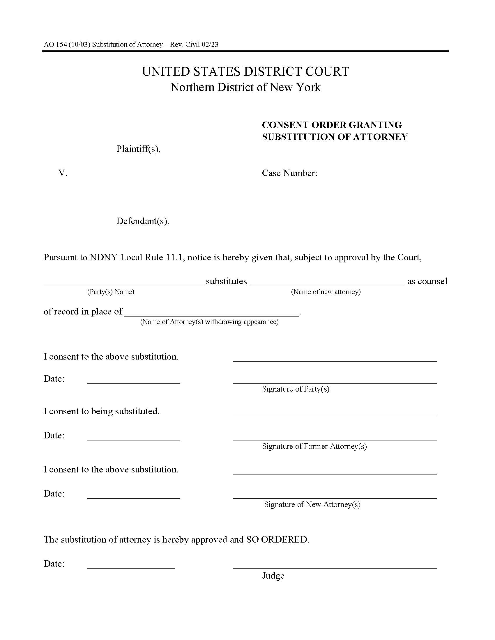 Consent Order Granting Substitution Of Attorney {NYND AO 154} | Pdf Fpdf Docx | New York