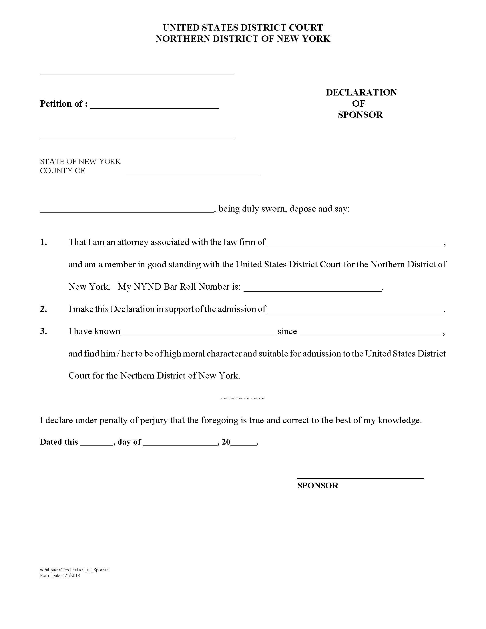 Declaration Of Sponsor (Attorney Admission) | Pdf Fpdf Docx | New York