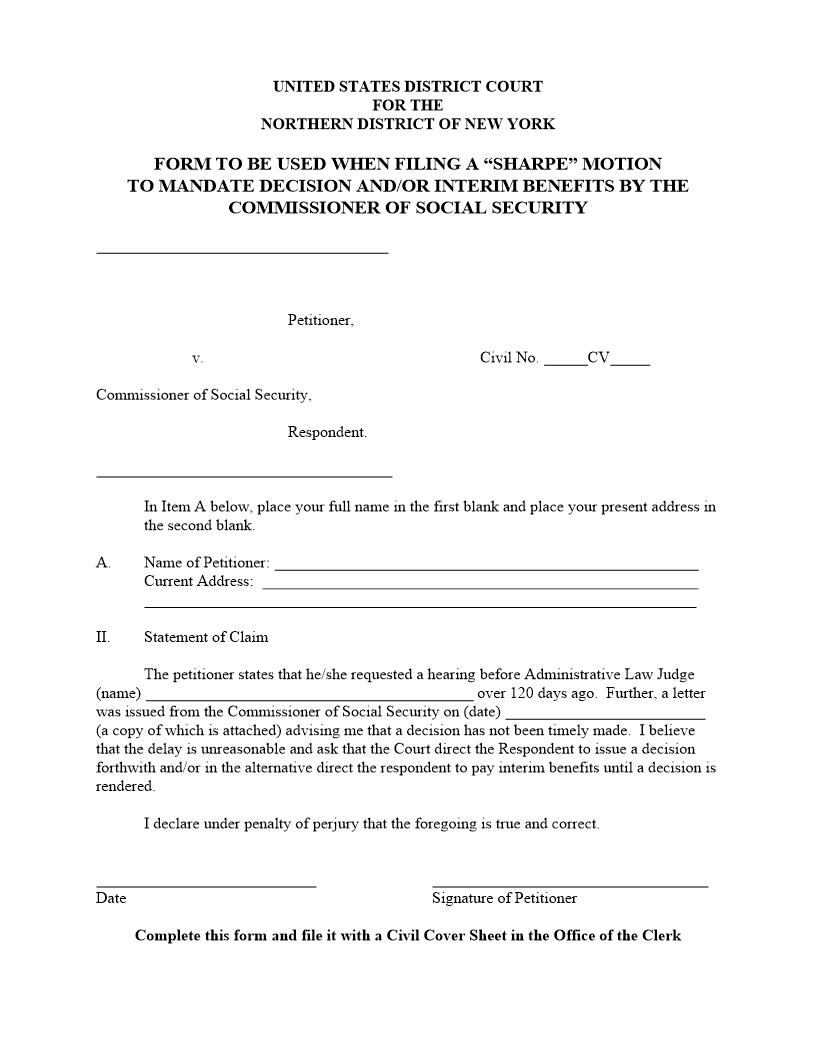 Form For Sharpe Motion To Mandate Decision-Benefits (Social Security) {NDNY SMMDB} | Pdf Fpdf Docx | New York