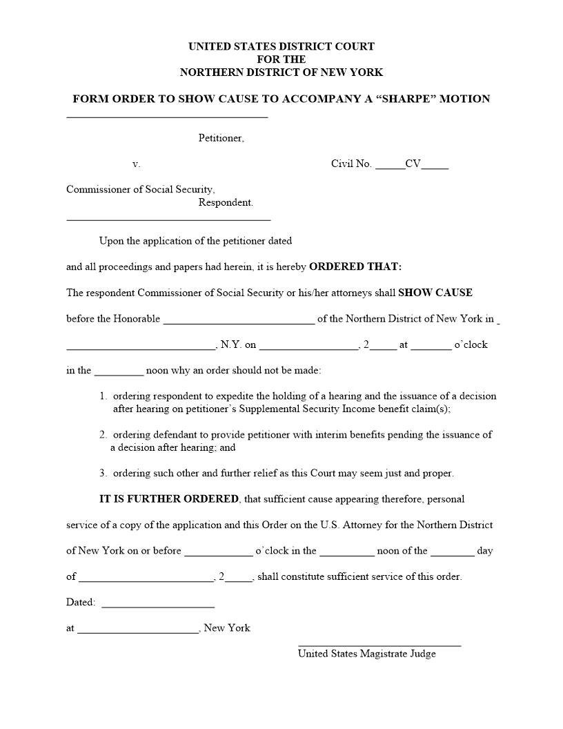 Form Order To Show Cause To Accompany Sharpe Motion (Social Security) {NDNY FOSCSM} | Pdf Fpdf Docx | New York