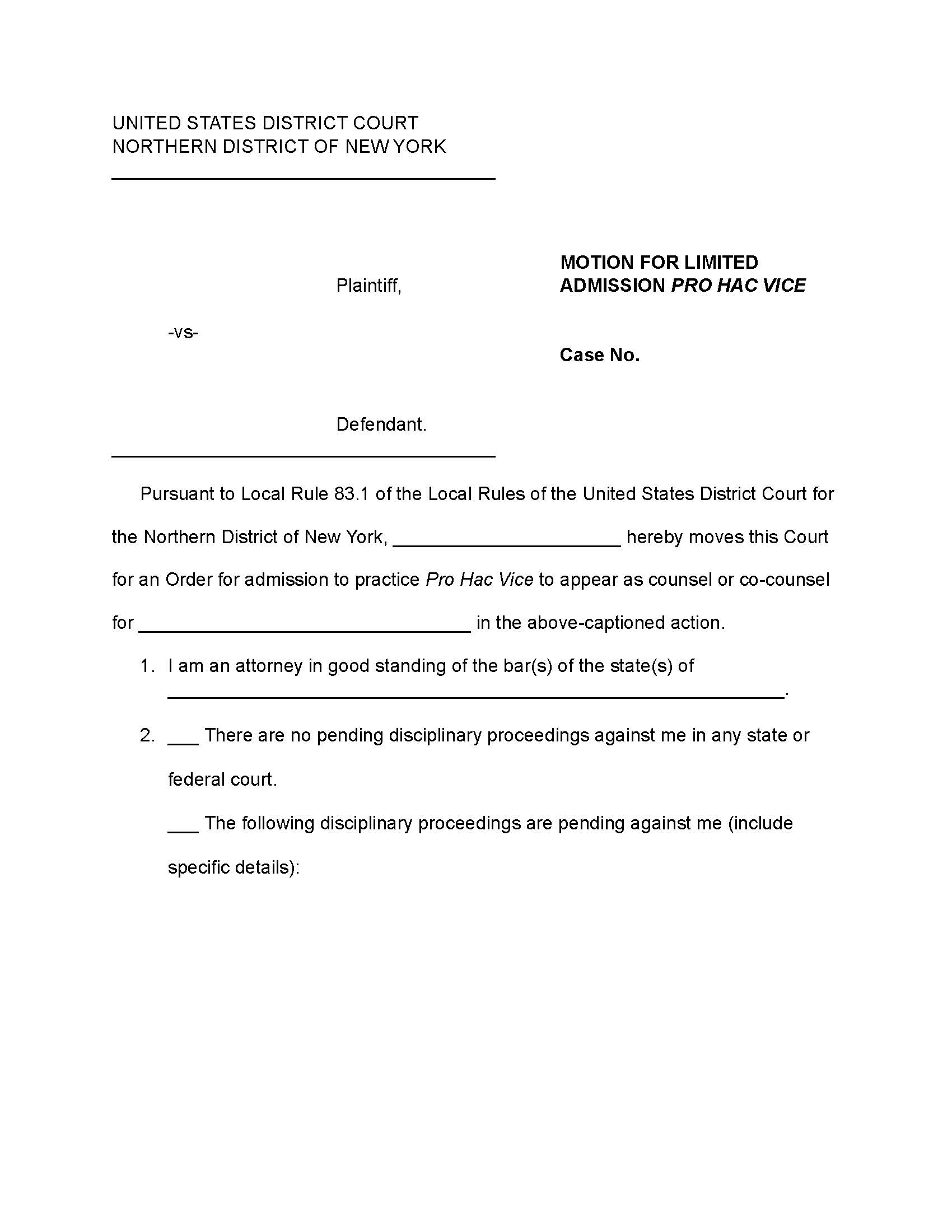 Motion For Limited Admission Pro Hac Vice | Pdf Fpdf Docx | New York