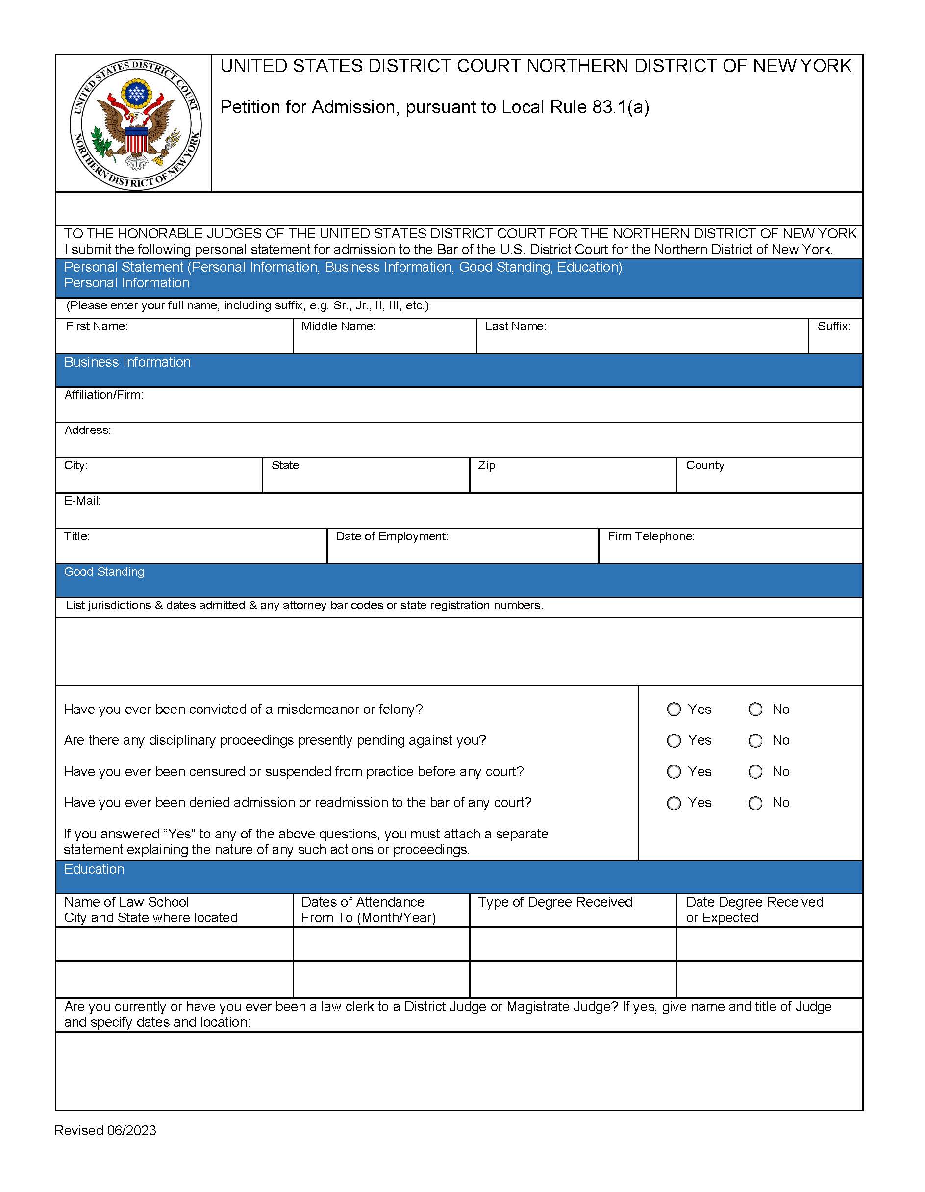 Petition For Admission Pursuant To Local Rule 83.1(a) | Pdf Fpdf Docx | New York